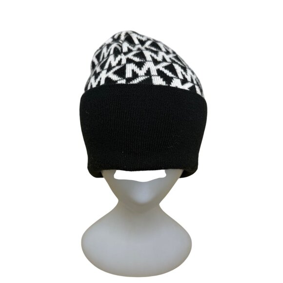 Michael Kors Womens Black & White Printed Knitted Beanie Hat Stretch OS - Picture 2 of 7